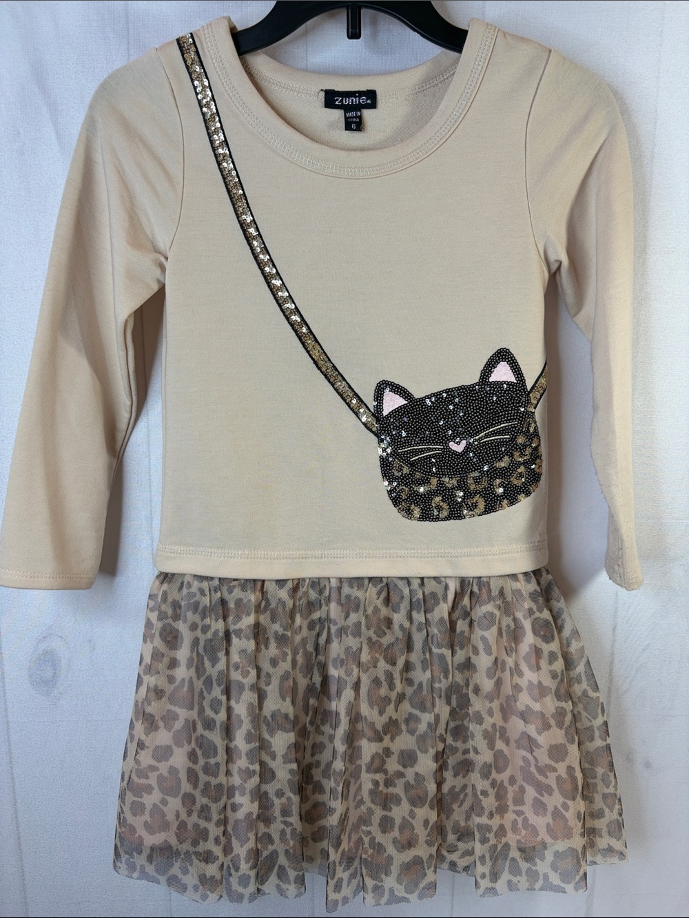 Zunie Girls’ Cream Sequin Cat Purse Leopard Print Dress Size 6 EUC